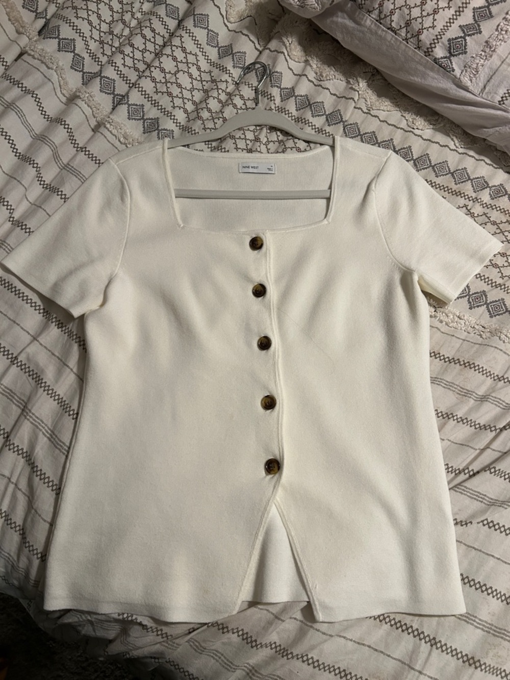 Nine West Ivory Square-Neck Button-Front Short Sleeve Top